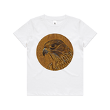 Karearea on Timber art print by New Zealand artist John Jepson of a circle Karearea New Zealand falcon on timber on an AS Colour white kids youth t shirt