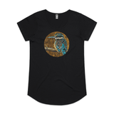 'Kotare on Timber' art print by New Zealand artist John Jepson is a circle colour art print of a Kotare New Zealand kingfisher on a branch on an AS Colour Mali black womens t shirt
