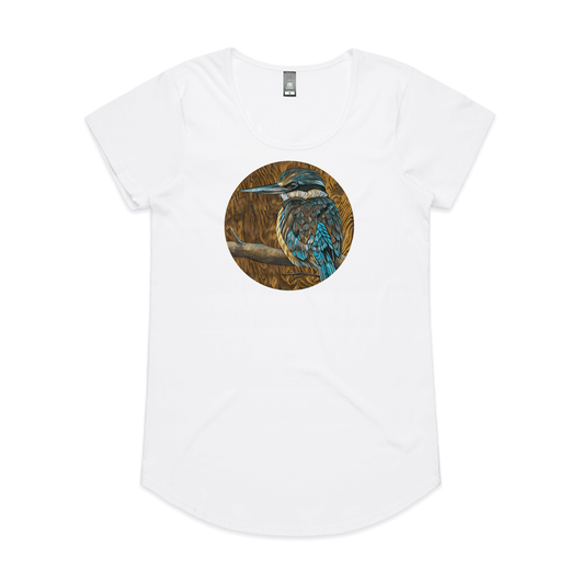 'Kotare on Timber' art print by New Zealand artist John Jepson is a circle colour art print of a Kotare New Zealand kingfisher on a branch on an AS Colour Mali white womens t shirt