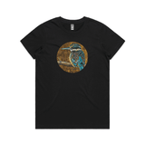 'Kotare on Timber' art print by New Zealand artist John Jepson is a circle colour art print of a Kotare New Zealand kingfisher on a branch on an AS Colour maple black womens t shirt