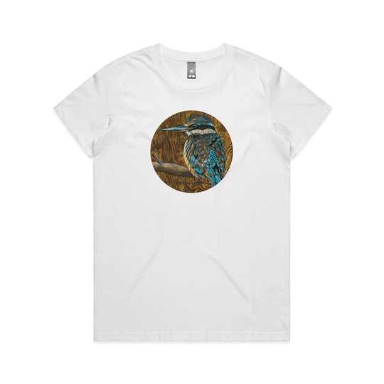 'Kotare on Timber' art print by New Zealand artist John Jepson is a circle colour art print of a Kotare New Zealand kingfisher on a branch on an AS Colour maple white womens t shirt
