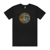 'Kotare on Timber' art print by New Zealand artist John Jepson is a circle colour art print of a Kotare New Zealand kingfisher on a branch on an AS Colour staple black mens t shirt