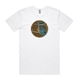 'Kotare on Timber' art print by New Zealand artist John Jepson is a circle colour art print of a Kotare New Zealand kingfisher on a branch on an AS Colour staple white mens t shirt