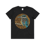 'Kotare on Timber' art print by New Zealand artist John Jepson is a circle colour art print of a Kotare New Zealand kingfisher on a branch on an AS Colour black kids youth t shirt