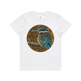 'Kotare on Timber' art print by New Zealand artist John Jepson is a circle colour art print of a Kotare New Zealand kingfisher on a branch on an AS Colour white kids youth t shirt