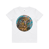 'Ruru in Colour' art print by New Zealand artist John Jepson featuring a circle colour art print of a Ruru New Zealand native owl on a AS Colour white kids youth white t shirt