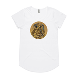 Ruru on Timber art print t shirt by New Zealand artist John Jepson. This t shirt features a beautiful circle art print of a Ruru NZ native owl with a wood background on AS Colour White Mali Womens t shirt