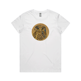 Ruru on Timber art print t shirt by New Zealand artist John Jepson. This t shirt features a beautiful circle art print of a Ruru NZ native owl with a wood background on AS Colour White maple Womens t shirt