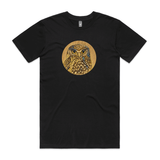 Ruru on Timber art print t shirt by New Zealand artist John Jepson. This t shirt features a beautiful circle art print of a Ruru NZ native owl with a wood background on AS Colour black Staple Mens t shirt