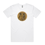 Ruru on Timber art print t shirt by New Zealand artist John Jepson. This t shirt features a beautiful circle art print of a Ruru NZ native owl with a wood background on AS Colour White Staple Mens t shirt