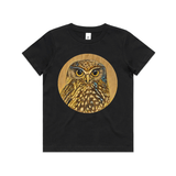 Ruru on Timber art print t shirt by New Zealand artist John Jepson. This t shirt features a beautiful circle art print of a Ruru NZ native owl with a wood background on AS Colour black kids youth t shirt