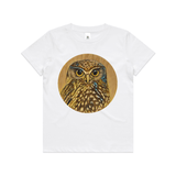 Ruru on Timber art print t shirt by New Zealand artist John Jepson. This t shirt features a beautiful circle art print of a Ruru NZ native owl with a wood background on AS Colour White kids youth t shirt