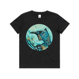 NZ doodlewear artist Kanuka Glen by John Jepson 'Tui in Flax – Colour’ art print beautiful colour rendition of the boisterous Tui among native New Zealand flax on AS Colour black kids youth t shirt