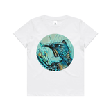 NZ doodlewear artist Kanuka Glen by John Jepson 'Tui in Flax – Colour’ art print beautiful colour rendition of the boisterous Tui among native New Zealand flax on AS Colour white kids youth t shirt