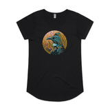 Tui in Flax on Timber art print t shirt by New Zealand artist John Jepson featuring a circle art print of a Tui among native New Zealand flax on an AS Colour black mali womens t shirt