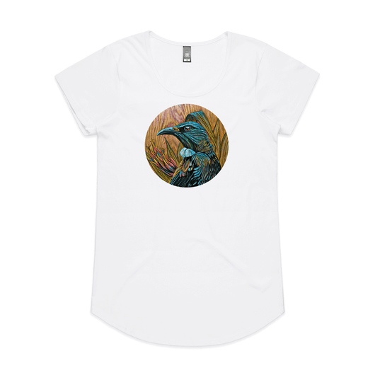 Tui in Flax on Timber art print t shirt by New Zealand artist John Jepson featuring a circle art print of a Tui among native New Zealand flax on an AS Colour white mali womens t shirt