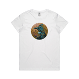 Tui in Flax on Timber art print t shirt by New Zealand artist John Jepson featuring a circle art print of a Tui among native New Zealand flax on an AS Colour white maple womens t shirt