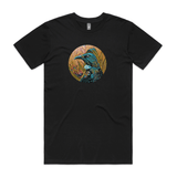 Tui in Flax on Timber art print t shirt by New Zealand artist John Jepson featuring a circle art print of a Tui among native New Zealand flax on an AS Colour black staple mens t shirt