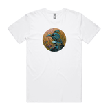 Tui in Flax on Timber art print t shirt by New Zealand artist John Jepson featuring a circle art print of a Tui among native New Zealand flax on an AS Colour white staple mens t shirt