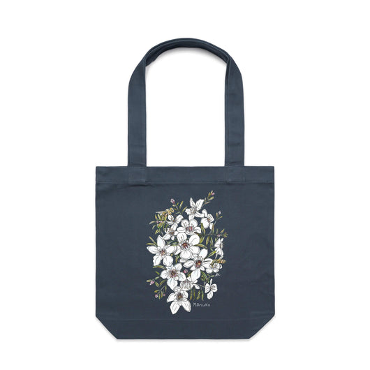 doodlewear and Lesh Creates Manuka Honey art print flower tote bag Petrol Blue Carrie Tote Bag