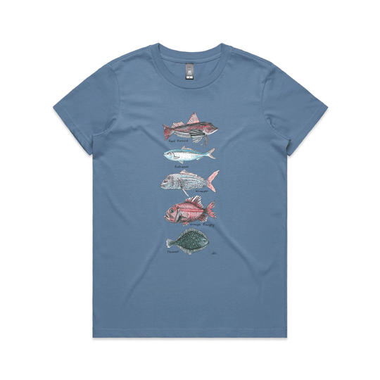 NZ Fish Tshirt Maple Womens carolina blue by artist Lesh Creates