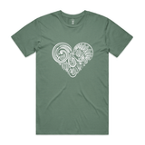 doodlewear Tui's Lace heart kiwiana tshirt AS Colour Mens Staple Sage by artist Anna Mollekin